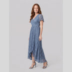 Sylva | Pleated Lace Ruffle Gown by Vera Noir – in dusty blue