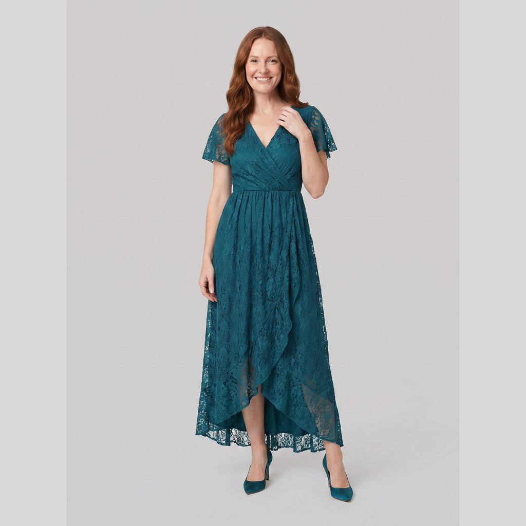 Sylva | Pleated Lace Ruffle Gown by Vera Noir – in teal