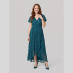 Sylva | Pleated Lace Ruffle Gown by Vera Noir – in teal