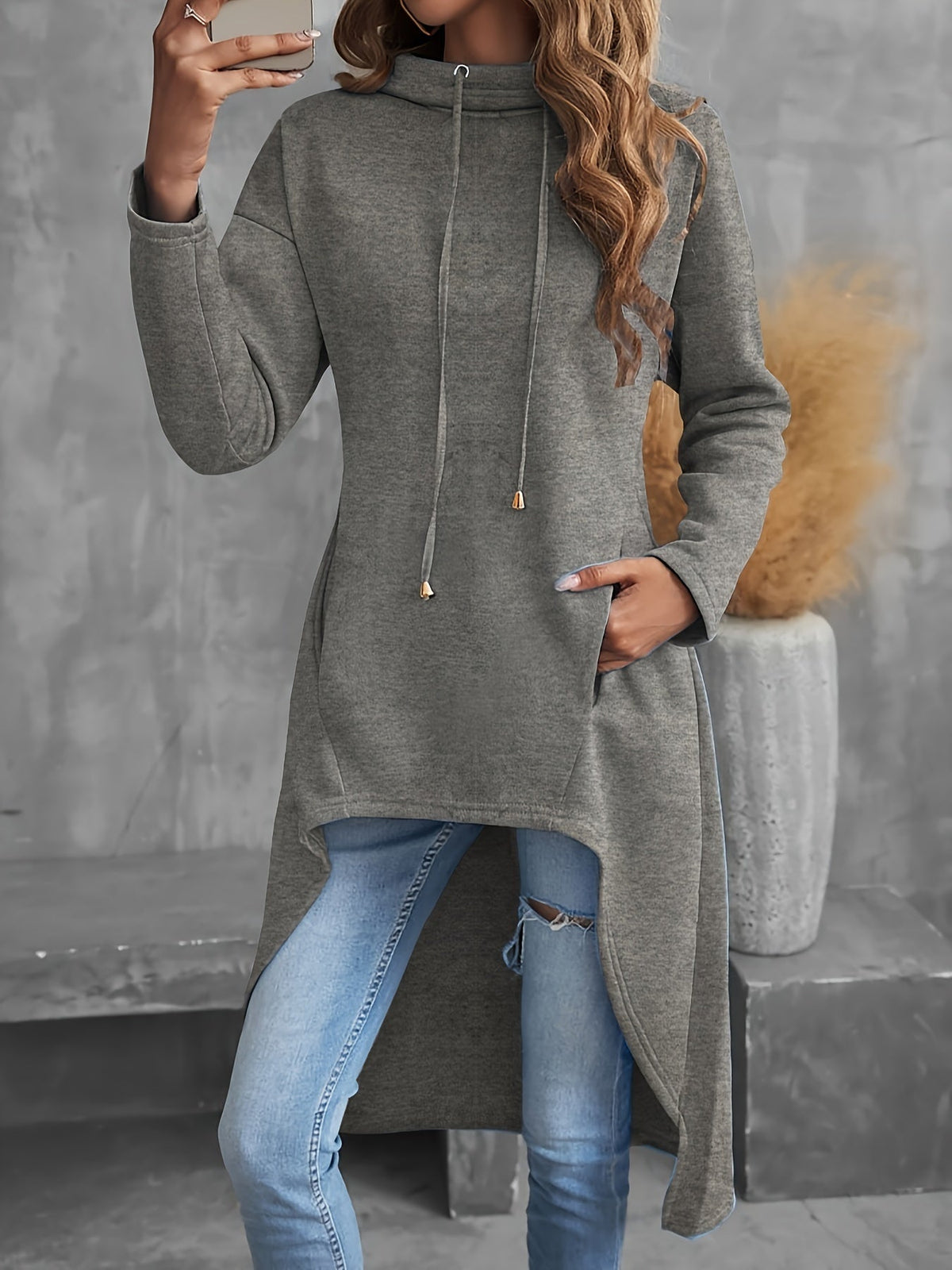 Tabitha Dipped-Hem Longline Hoodie – detail view