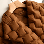 Talia Quilted Coat – brown, shawl collar detail view
