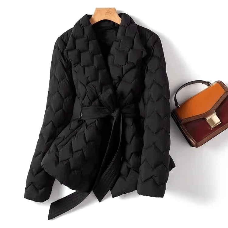 Talia Quilted Coat – black, styled view