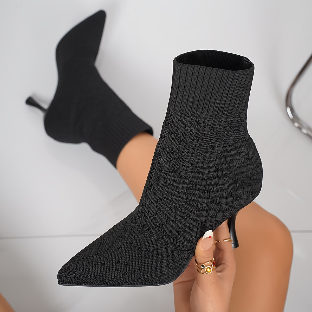 Tamsyn | Pointed Sock-Style Ankle Boots – front view
