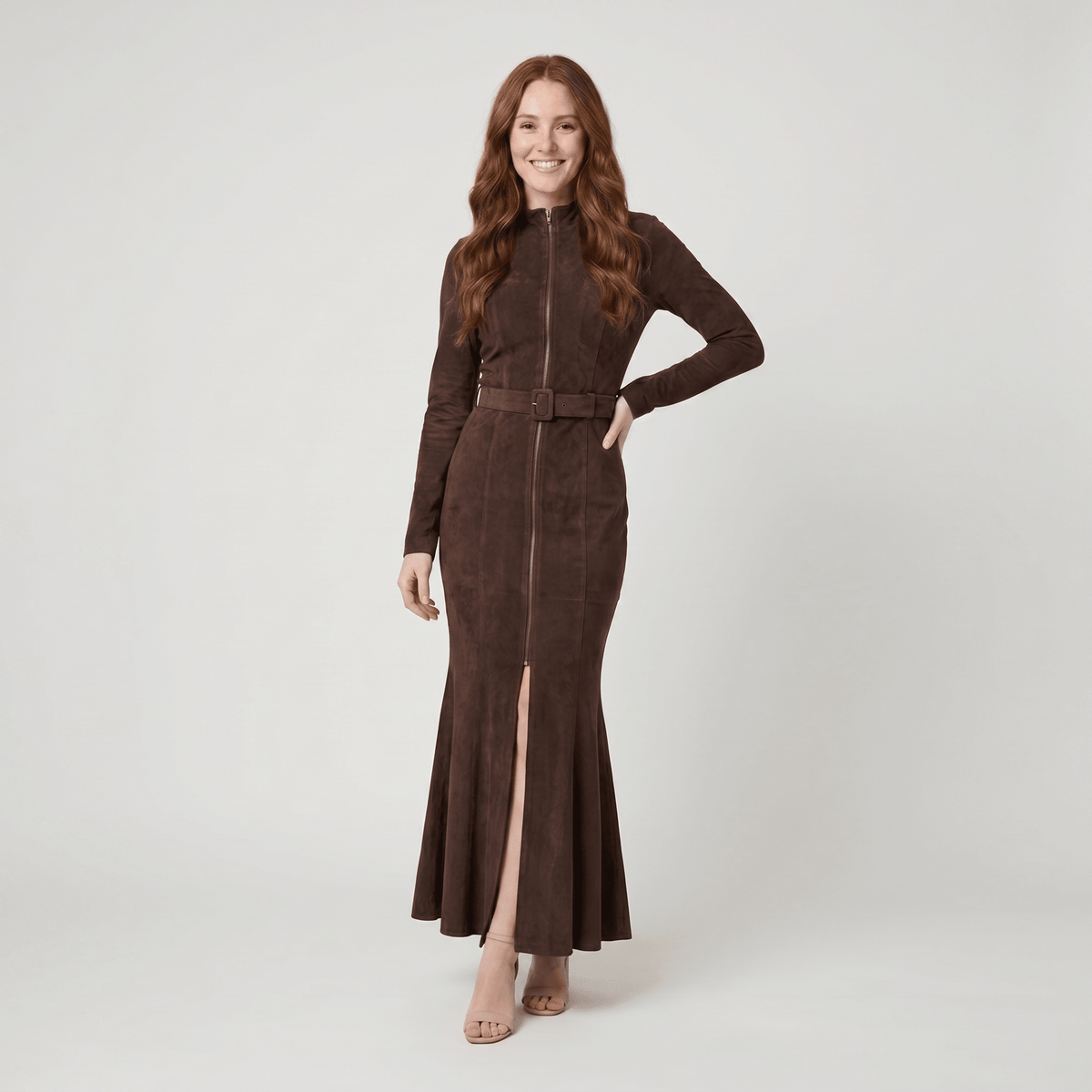 Tayli | Flowing Belted Maxi Dress by Vera Noir – in brown