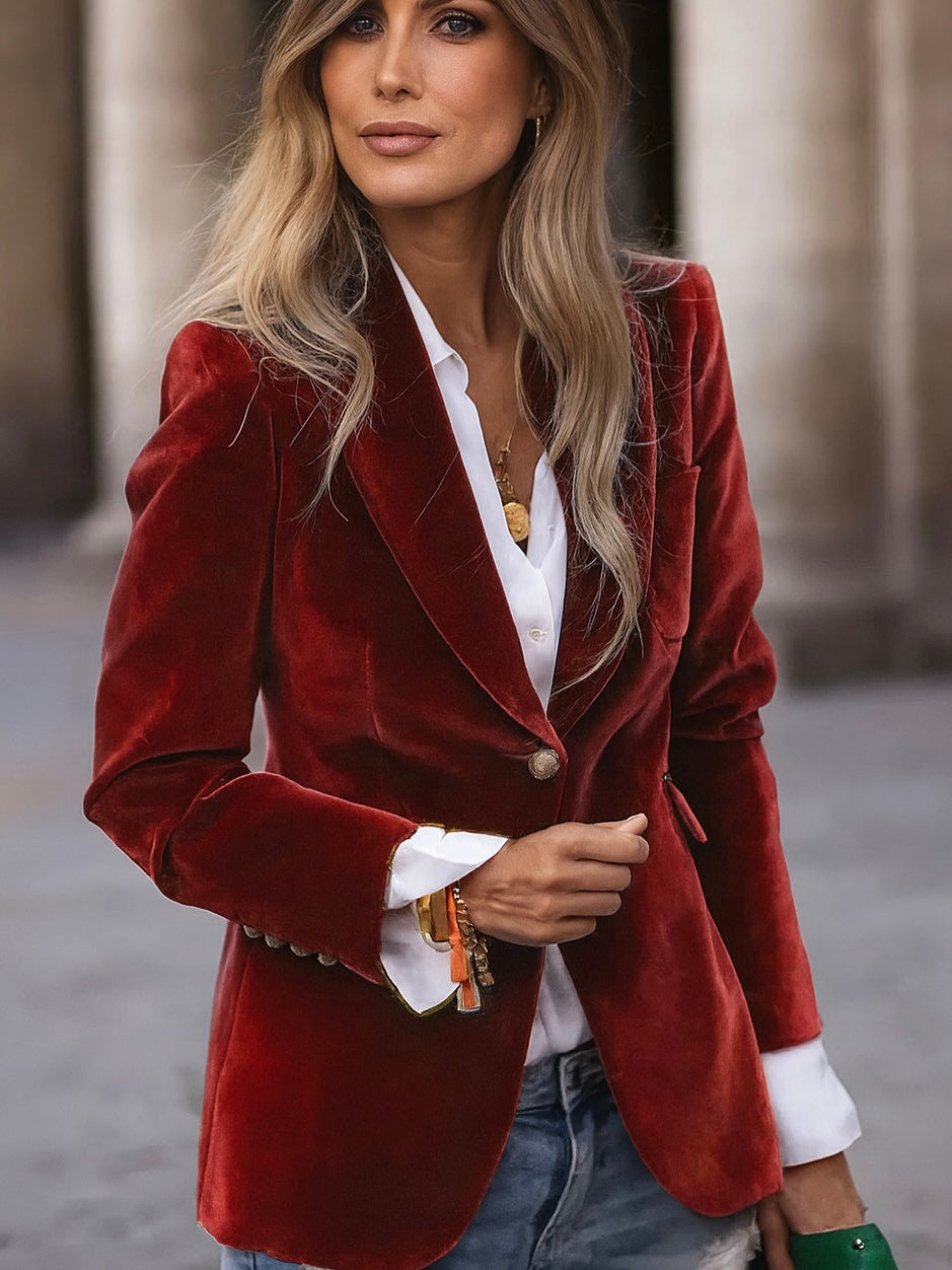Tessa Red Velvet Blazer by Vera Noir – front view