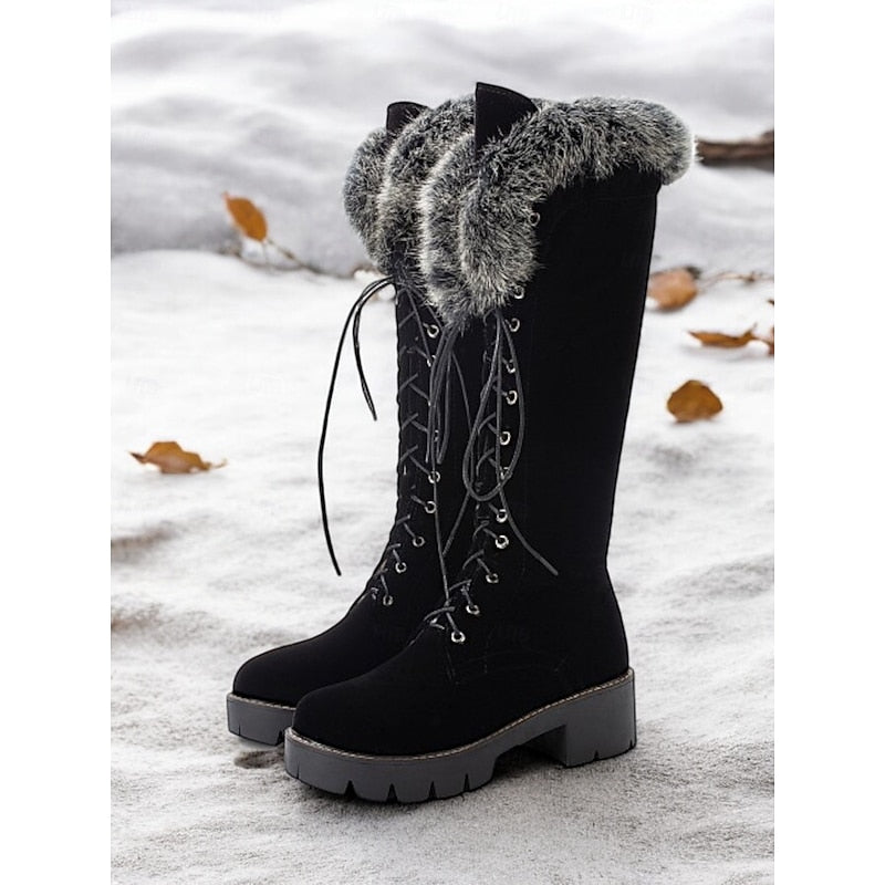 Thessaly | Lace-Up Fur-Cuff Knee-High Boots – front view in black