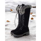 Thessaly | Lace-Up Fur-Cuff Knee-High Boots – front view in black