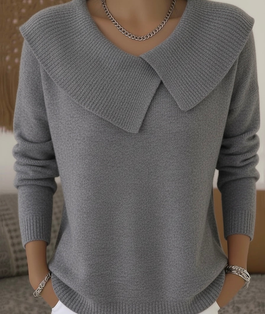 Valenne Fold-Over Collar Knit Sweater by Vera Noir – close-up