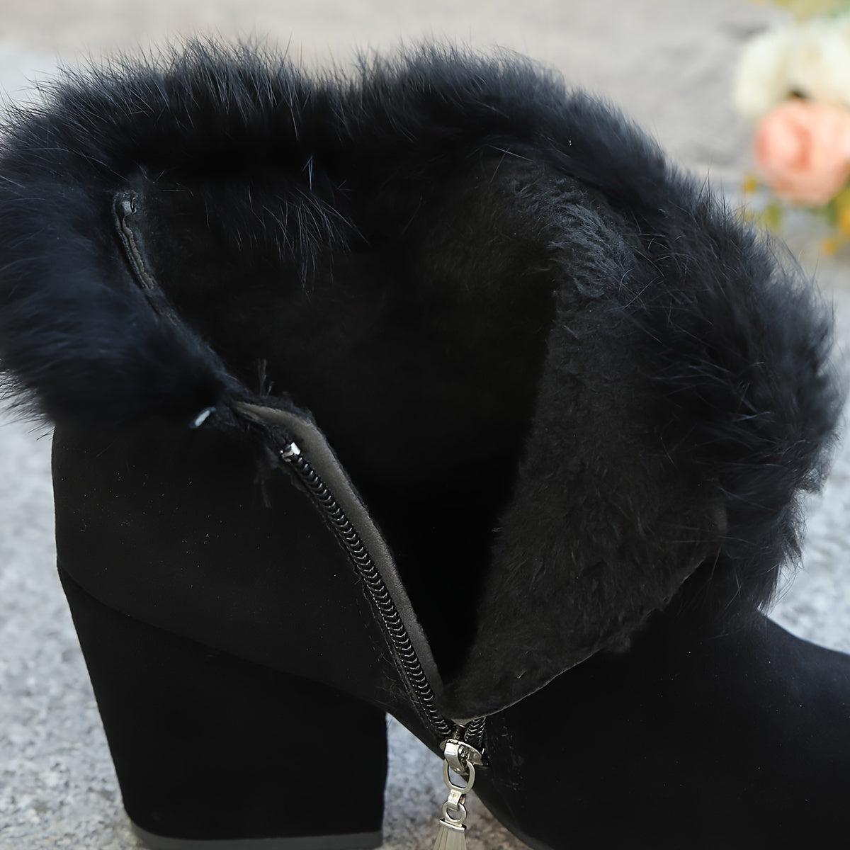 Valentia | Faux Fur Trim Block-Heel Ankle Boots – lining close-up