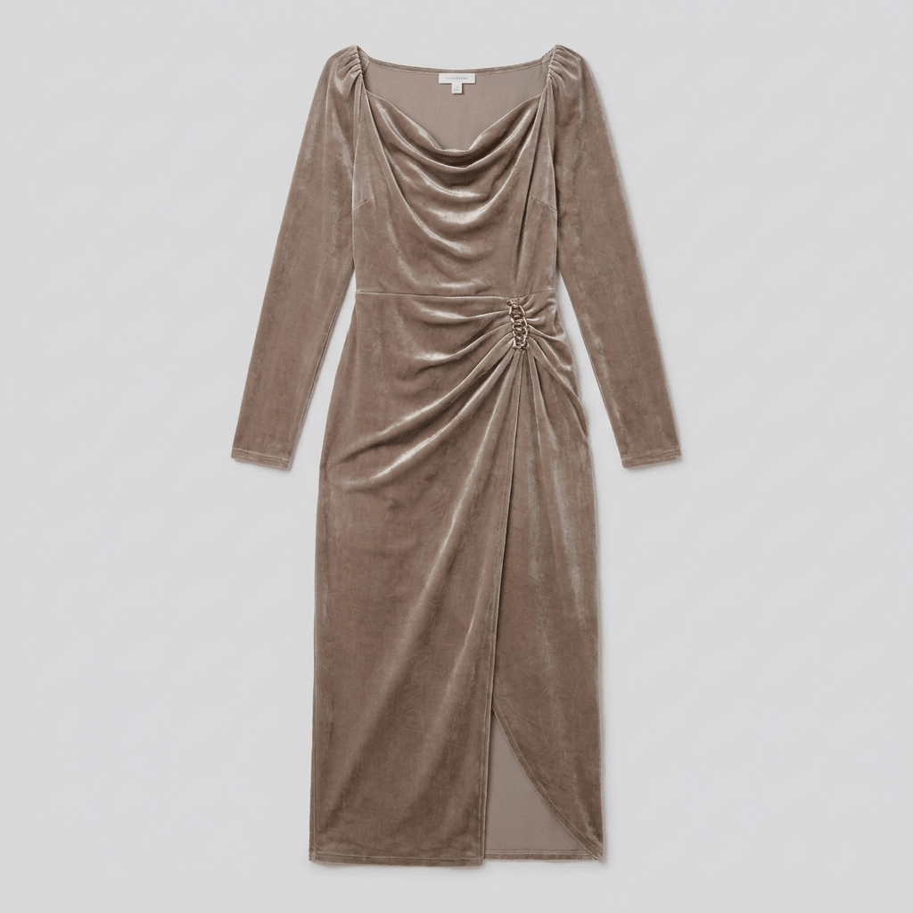 Vela | Ruffled Velvet Long-Sleeve Midi Dress by Vera Noir – detail view