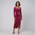 Vela | Ruffled Velvet Long-Sleeve Midi Dress by Vera Noir – in rose red