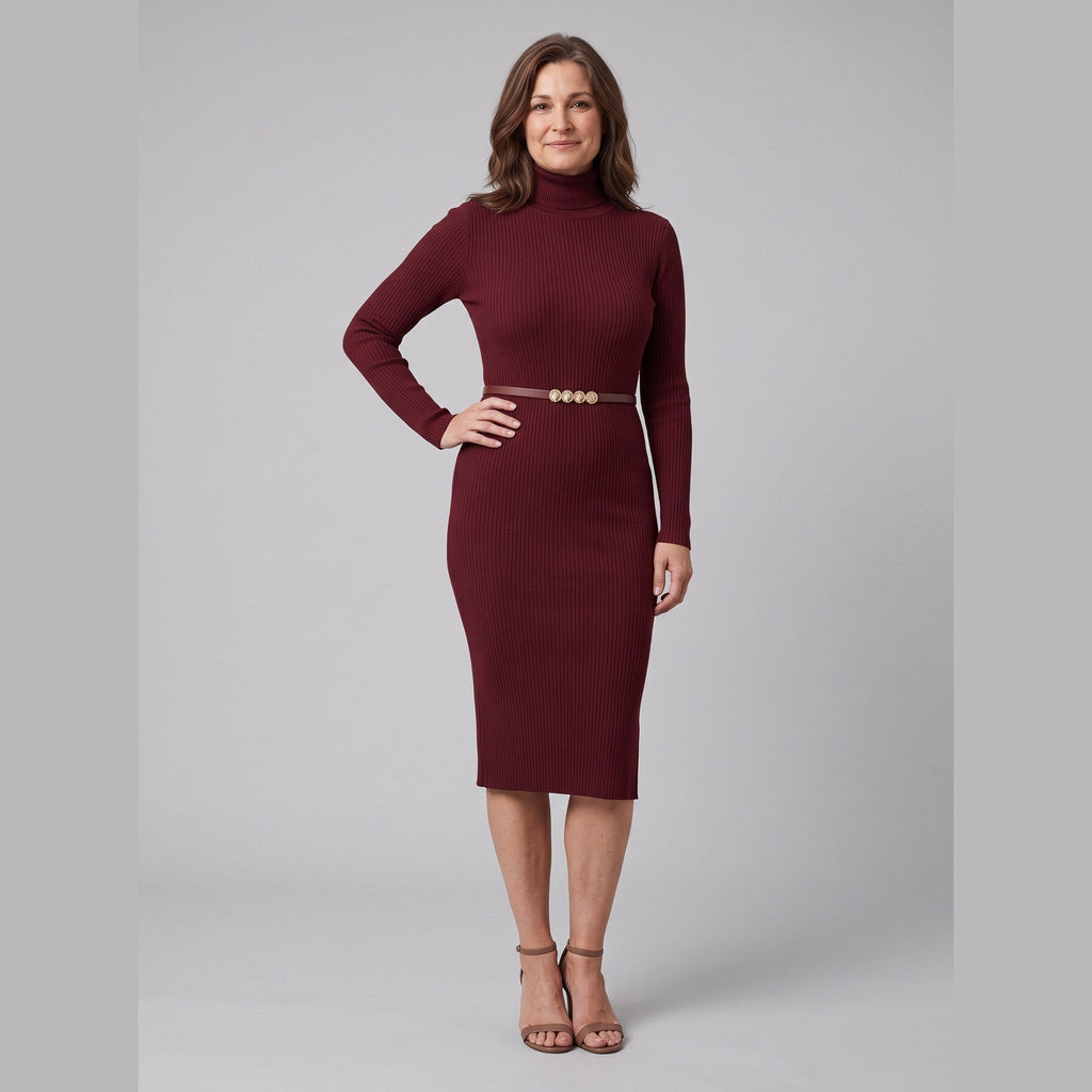 Verity | Ribbed Stretch-Knit Turtleneck Midi Dress by Vera Noir – in burgundy
