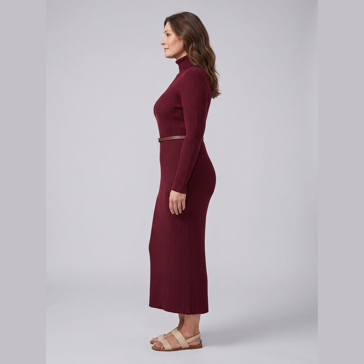 Verity | Ribbed Stretch-Knit Turtleneck Midi Dress by Vera Noir – side view