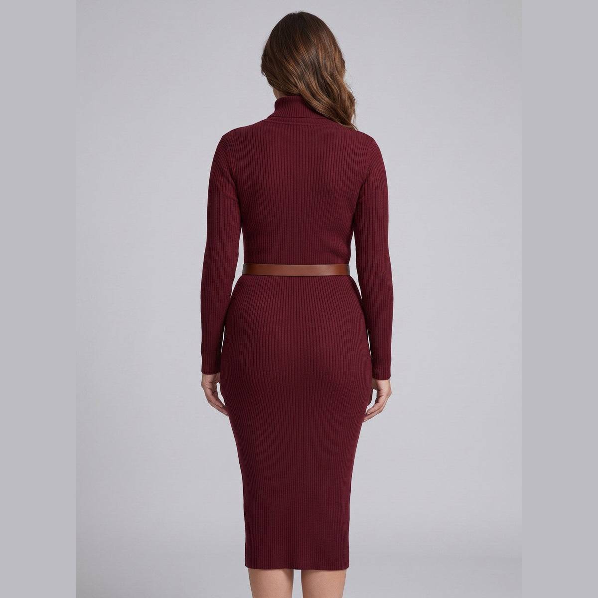 Verity | Ribbed Stretch-Knit Turtleneck Midi Dress by Vera Noir – back view