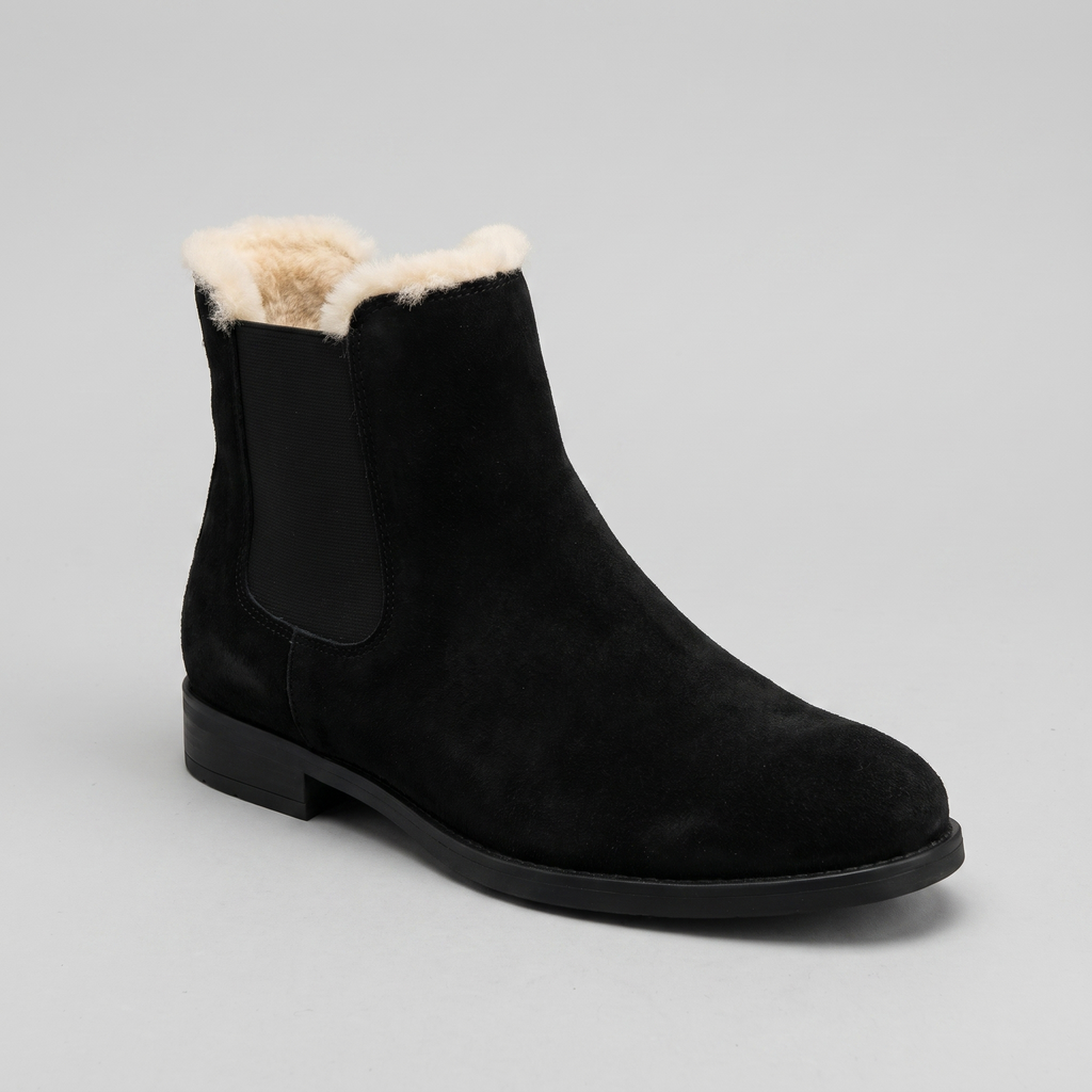 Verona Pointed-Toe Suede-Touch Boots in black with shearling cuff – side view