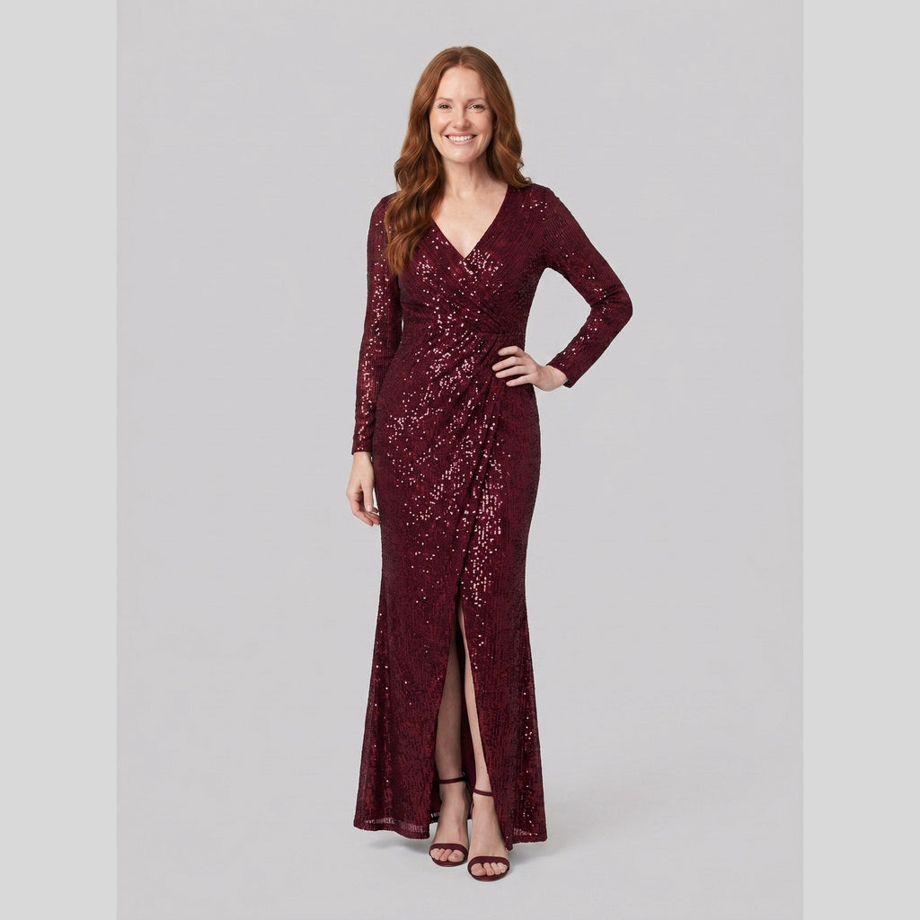 Vesper | Sequin Gown with Thigh-High Slit by Vera Noir – in burgundy