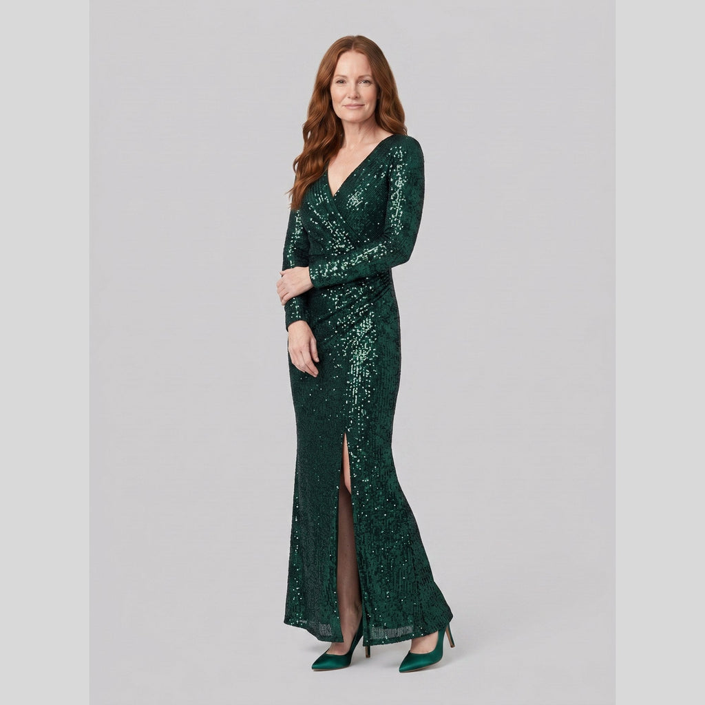Vesper | Sequin Gown with Thigh-High Slit by Vera Noir – in dark green