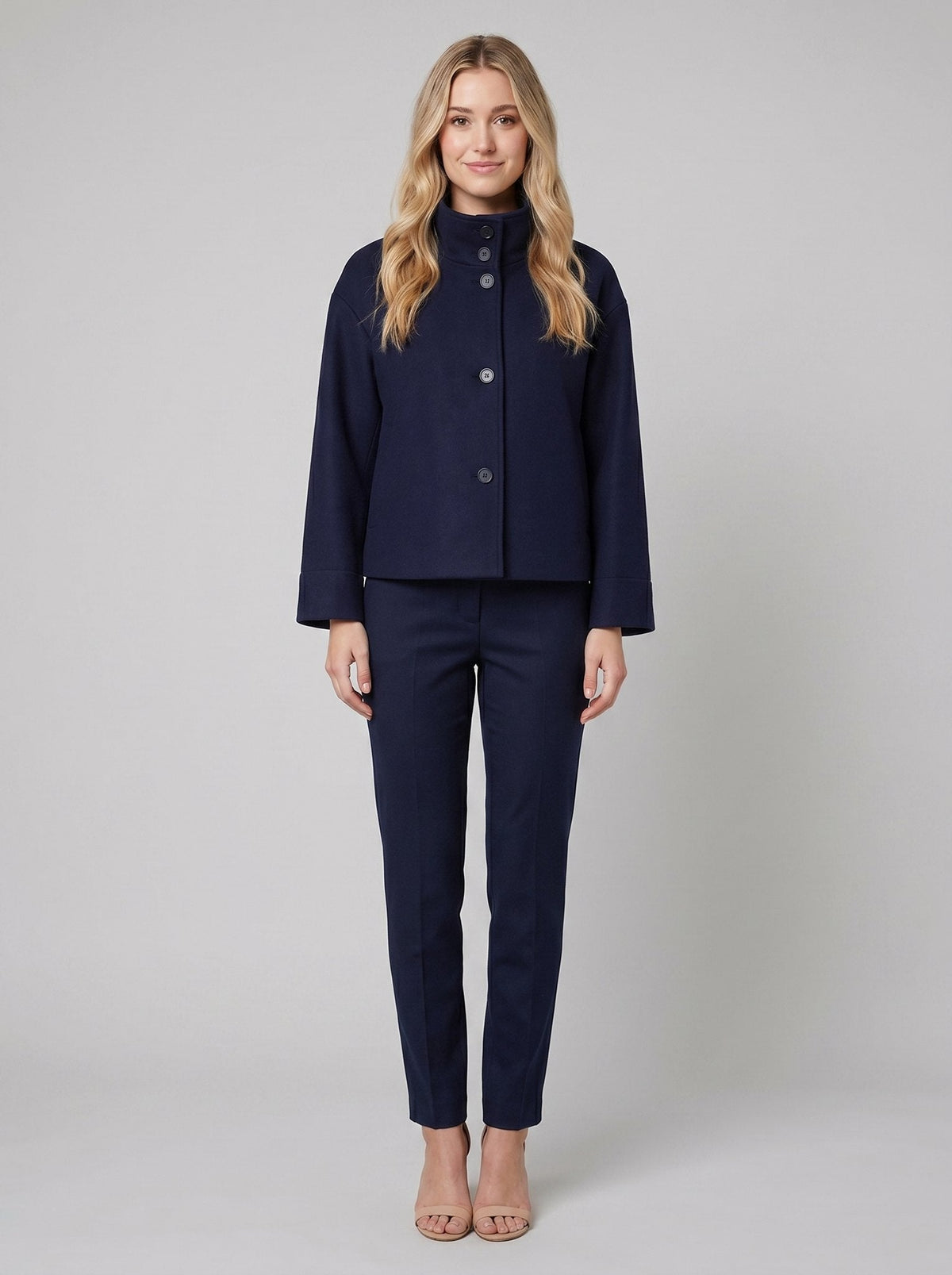 Virellea | Soft Wool-Blend Boxy Jacket – front view, navy