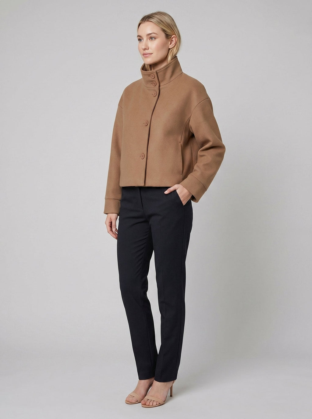 Virellea | Soft Wool-Blend Boxy Jacket – side view, camel