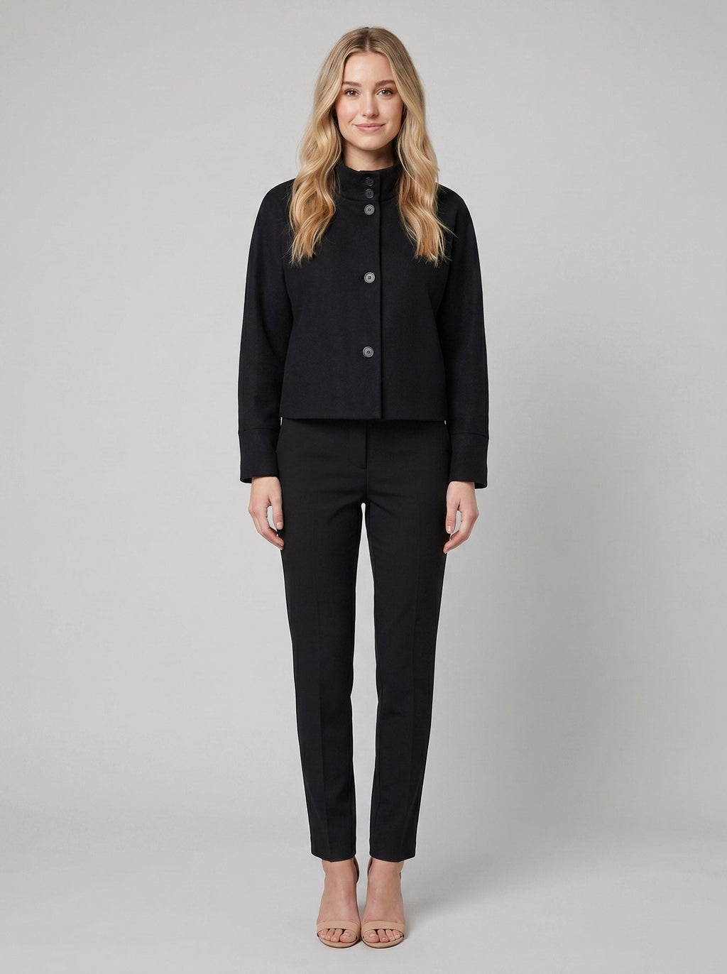 Virellea | Soft Wool-Blend Boxy Jacket – front view, black