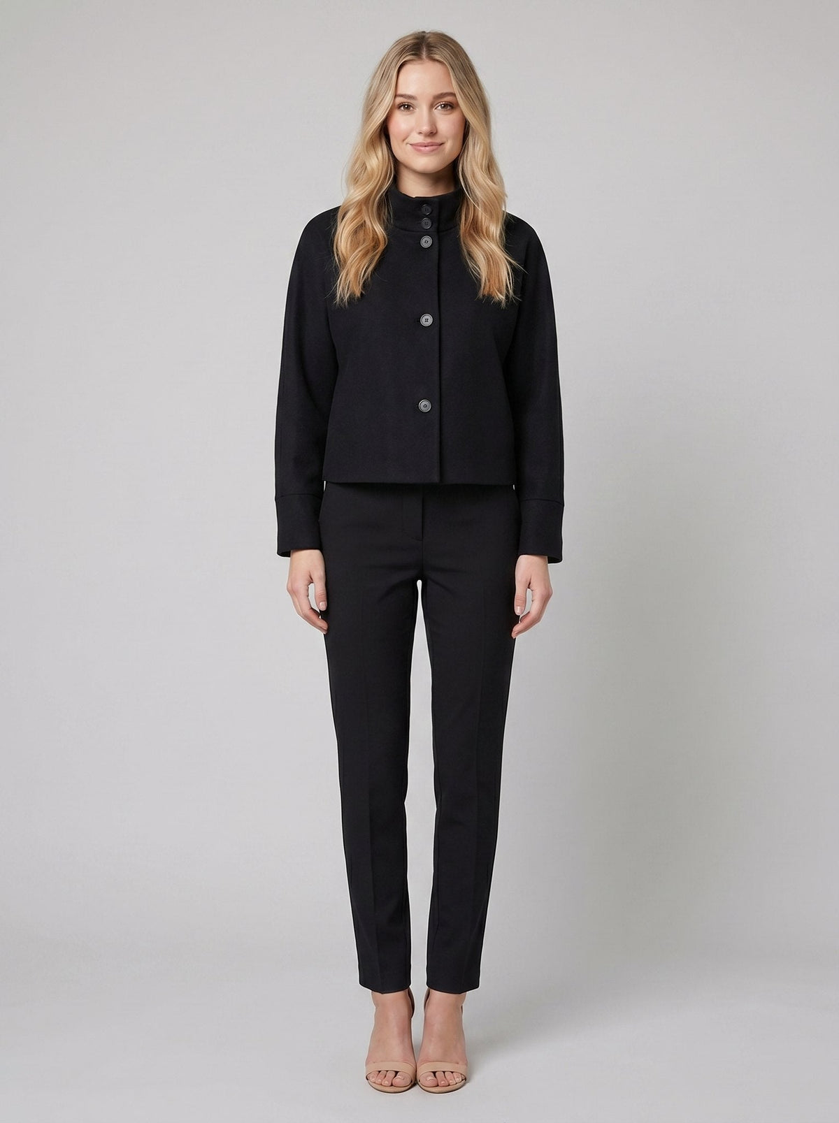 Virellea | Soft Wool-Blend Boxy Jacket – front view, black