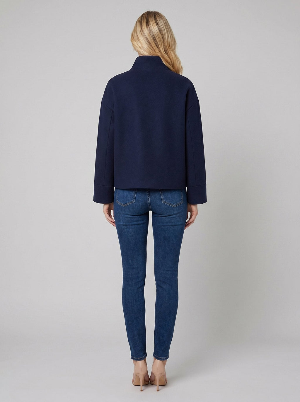 Virellea | Soft Wool-Blend Boxy Jacket – back view, navy