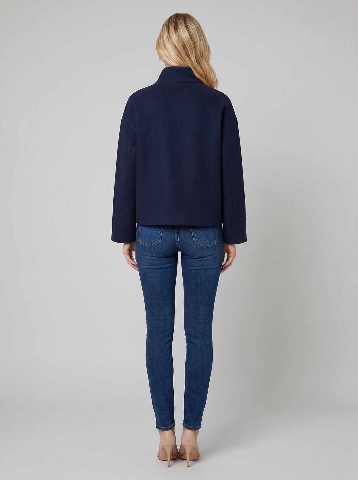 Virellea | Soft Wool-Blend Boxy Jacket – back view, navy