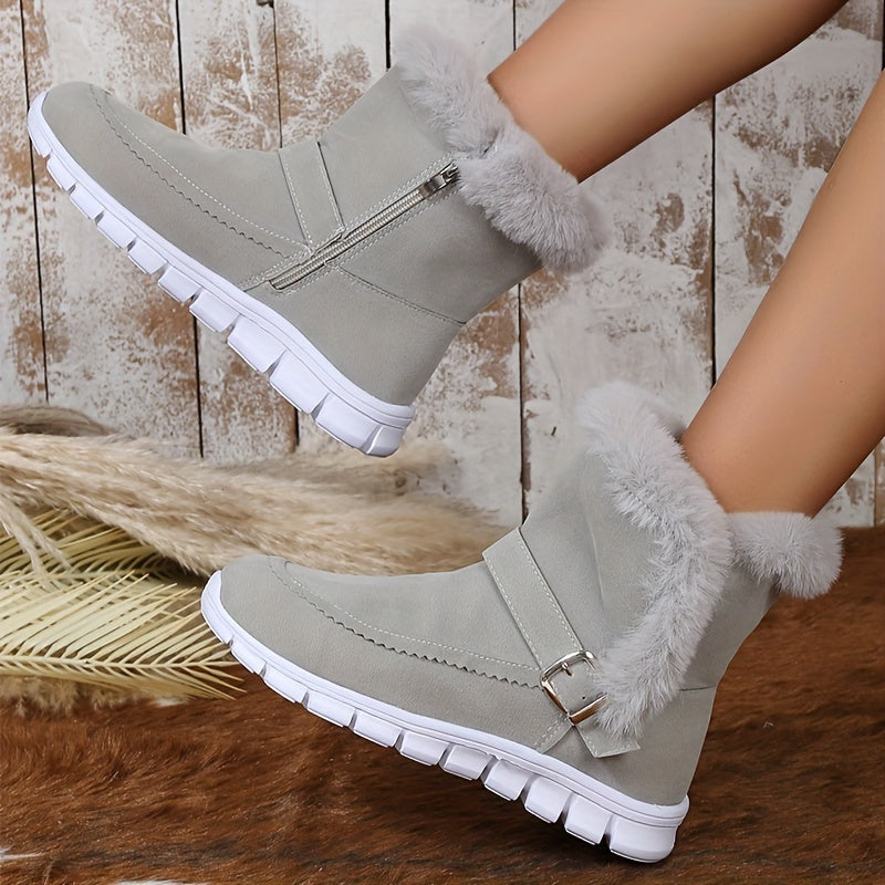 Viveka | Plush-Trimmed Winter Boots – styled view, grey, zip detail