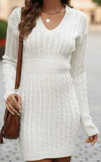 Winifred | V-Neck Cable Knit Sweater Dress by Vera Noir – front view