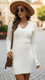 Winifred | V-Neck Cable Knit Sweater Dress by Vera Noir – side view