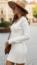 Winifred | V-Neck Cable Knit Sweater Dress by Vera Noir – back view