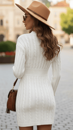 Winifred | V-Neck Cable Knit Sweater Dress by Vera Noir – in white