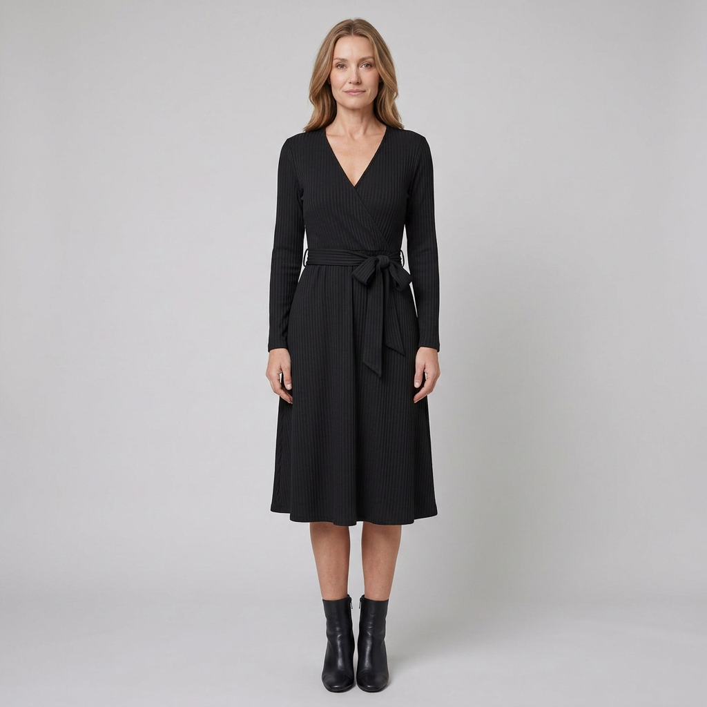 Wynne | Belted Ribbed Knit Midi Dress by Vera Noir – front view