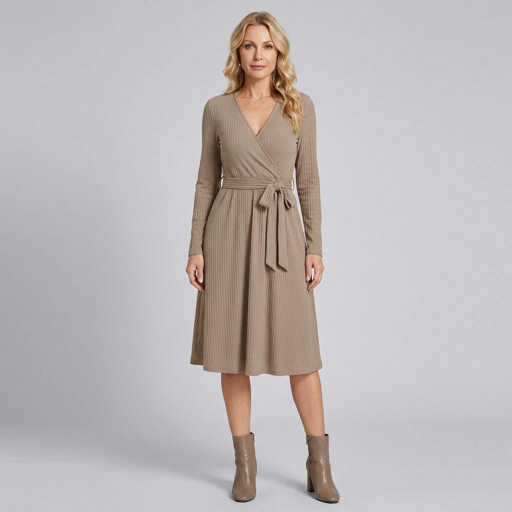 Wynne | Belted Ribbed Knit Midi Dress by Vera Noir – front view