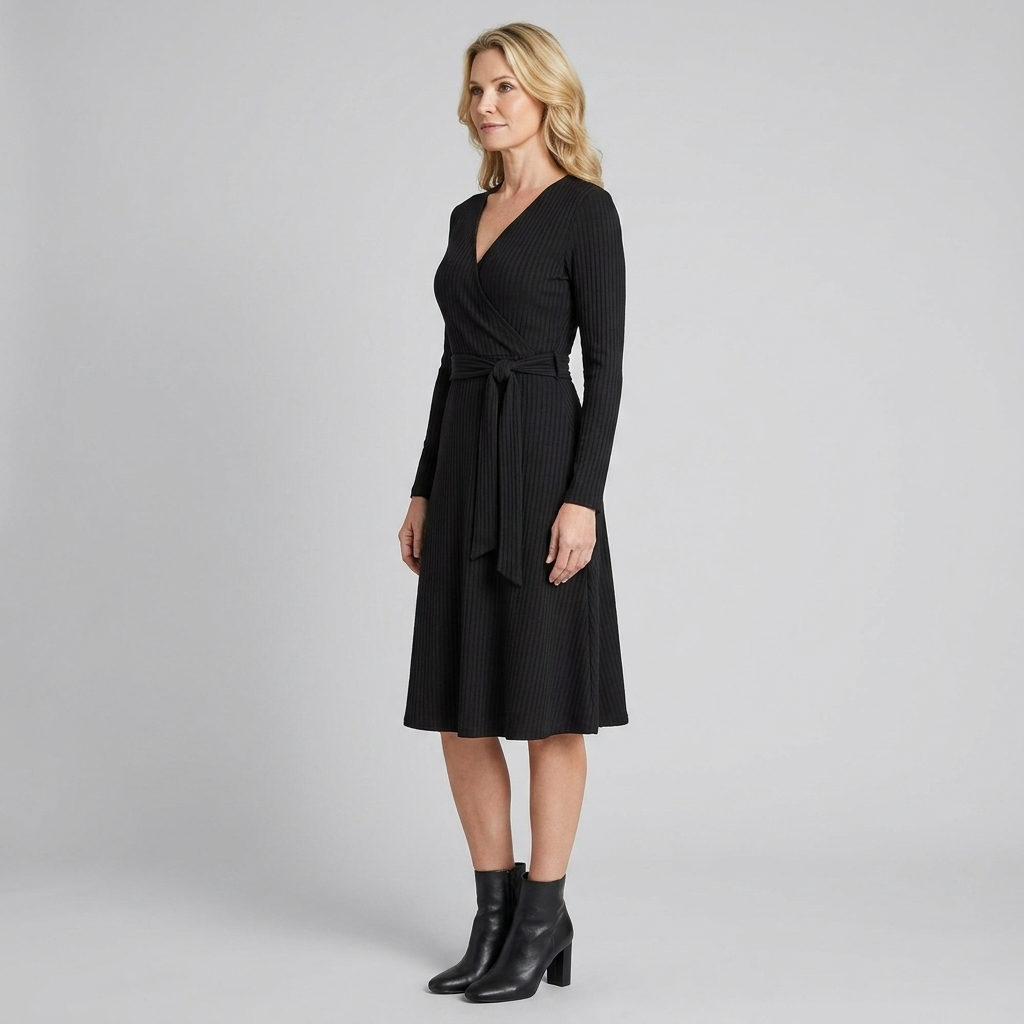 Wynne | Belted Ribbed Knit Midi Dress by Vera Noir – back view