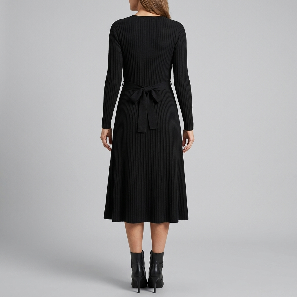 Wynne | Belted Ribbed Knit Midi Dress by Vera Noir – detail view