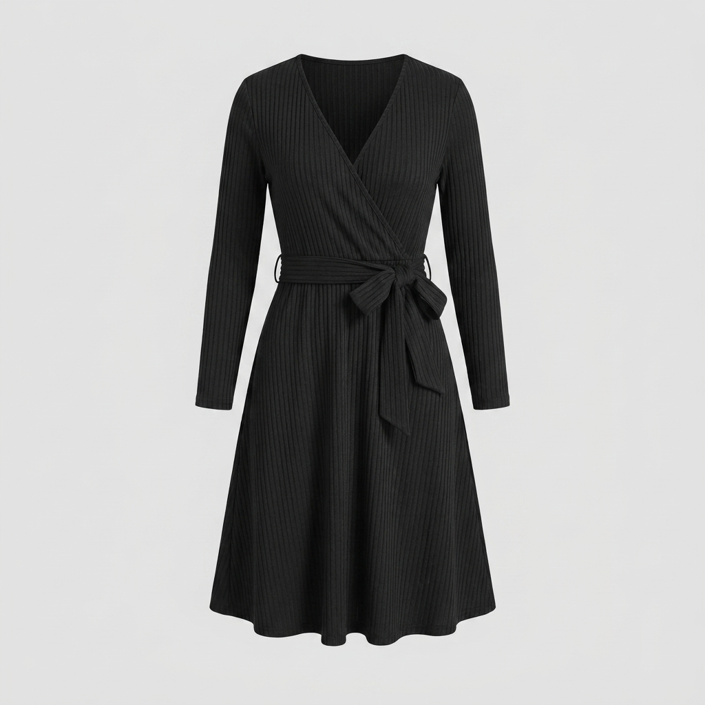 Wynne | Belted Ribbed Knit Midi Dress by Vera Noir – in black