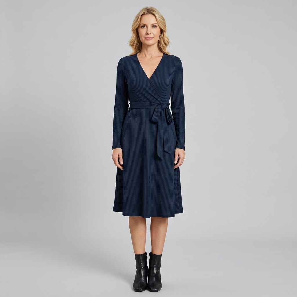 Wynne | Belted Ribbed Knit Midi Dress by Vera Noir – in caramel