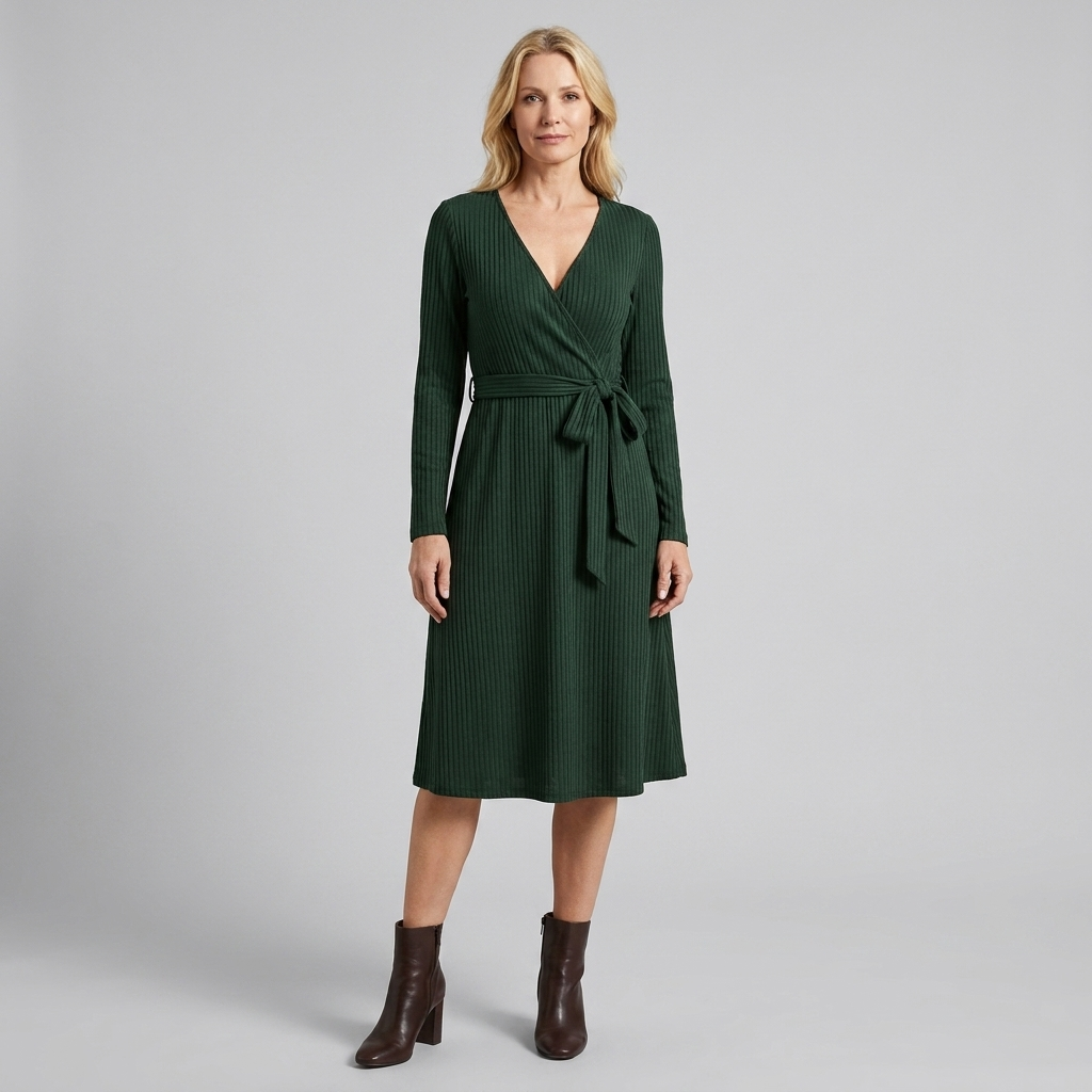 Wynne | Belted Ribbed Knit Midi Dress by Vera Noir – in claret