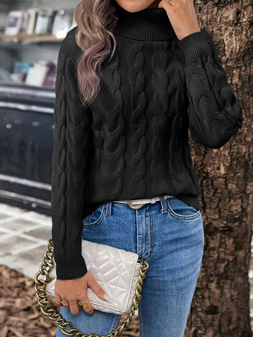 Xanthe | Cable-Knit Turtleneck Sweater – Black detail view