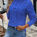 Xanthe | Cable-Knit Turtleneck Sweater – Royal Blue front view