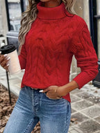 Xanthe | Cable-Knit Turtleneck Sweater – Red styled view