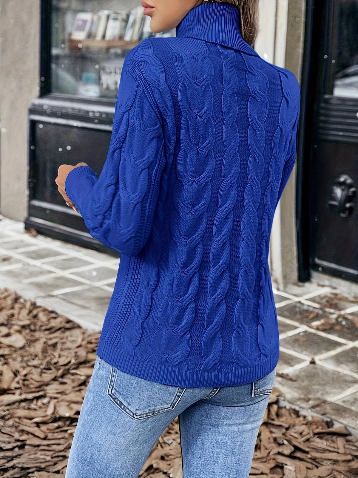 Xanthe | Cable-Knit Turtleneck Sweater – Royal Blue back view