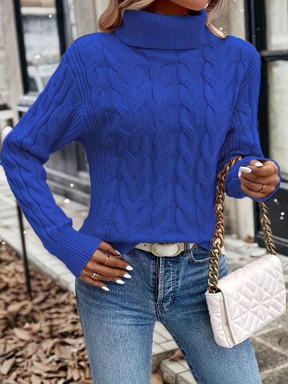 Xanthe | Cable-Knit Turtleneck Sweater – Royal Blue side view