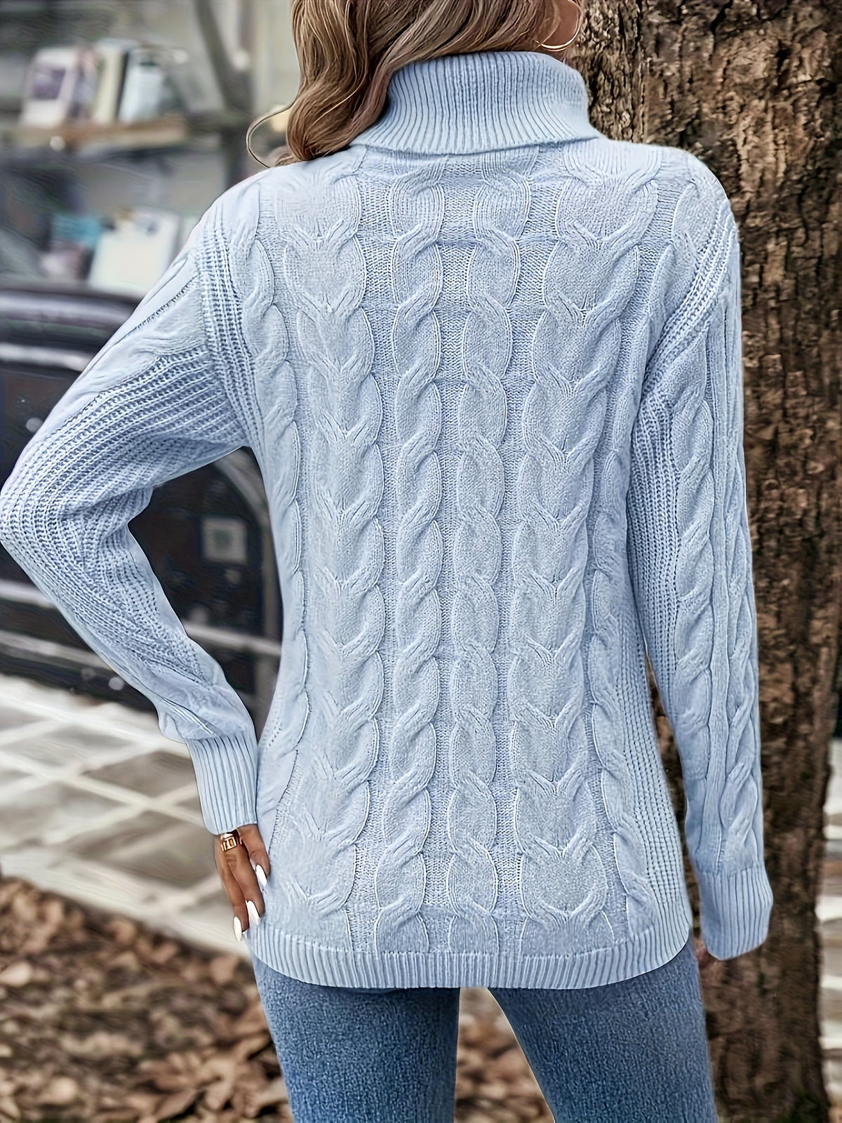 Xanthe | Cable-Knit Turtleneck Sweater – Azure back view