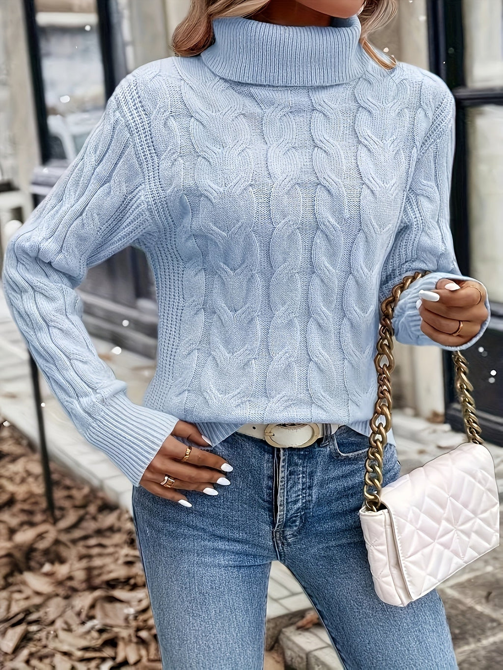 Xanthe | Cable-Knit Turtleneck Sweater – Azure detail view