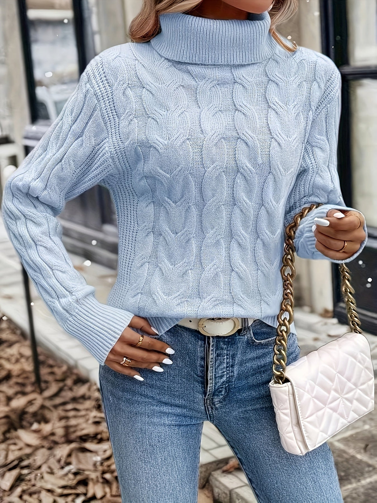 Xanthe | Cable-Knit Turtleneck Sweater – Azure detail view