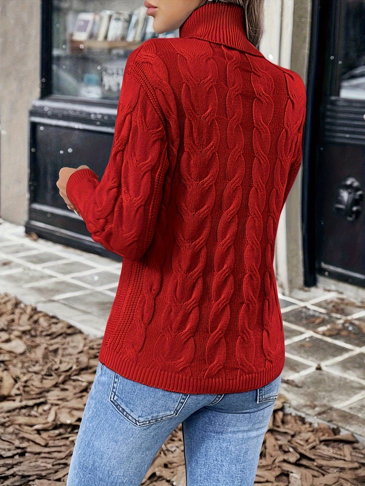 Xanthe | Cable-Knit Turtleneck Sweater – Red back view