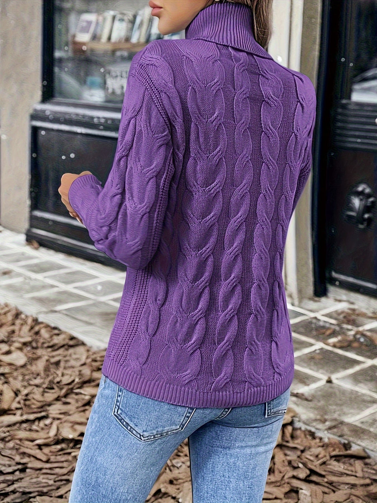 Xanthe | Cable-Knit Turtleneck Sweater – Dark Violet back view