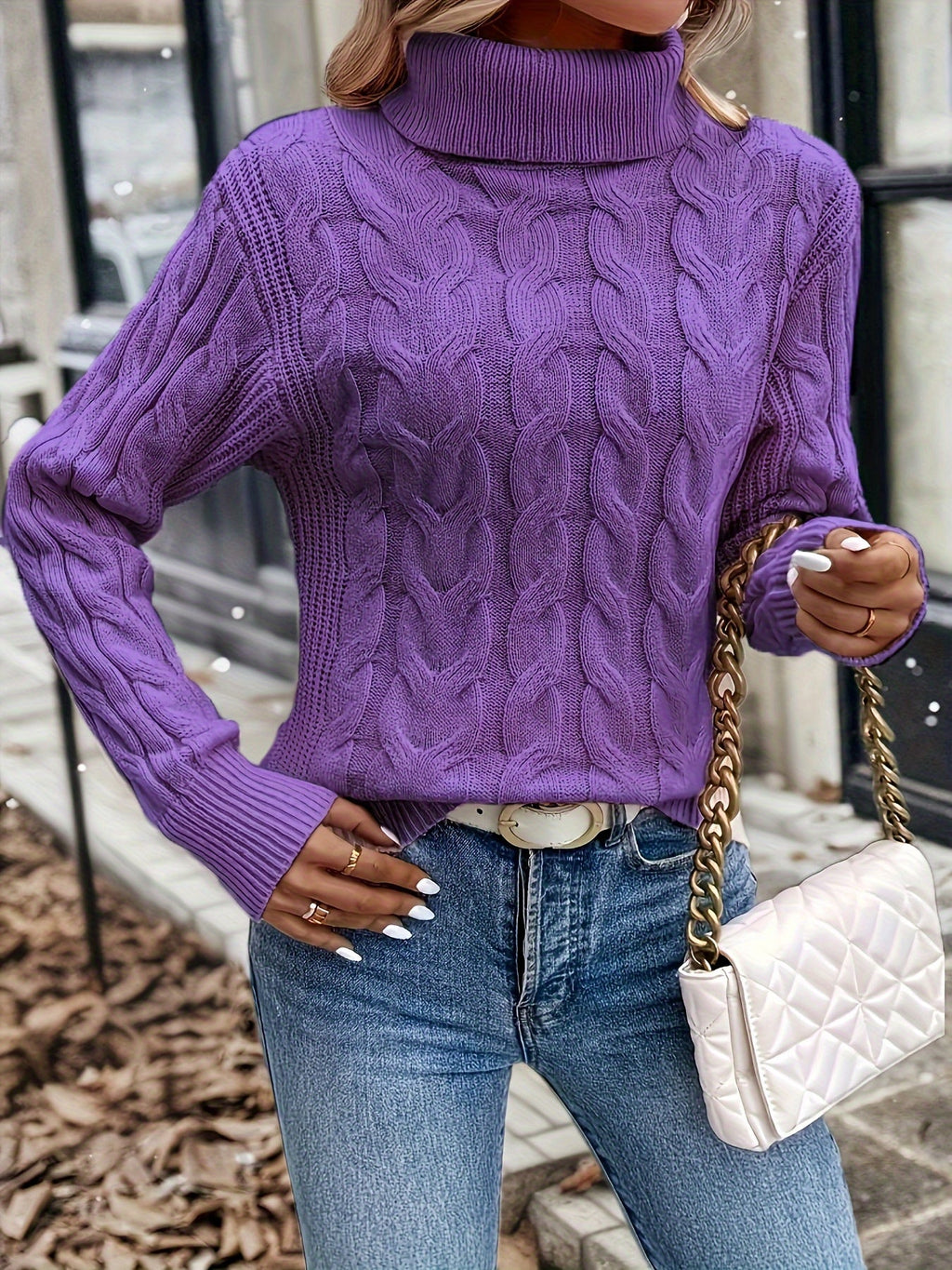 Xanthe | Cable-Knit Turtleneck Sweater – Dark Violet side view
